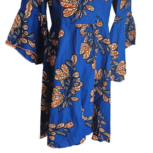 Blue African Ankara Print Dress Sz Large ? Bell Sleeve Hi Low Hem Wedding Party - Picture 3 of 16